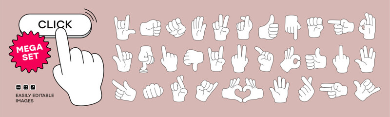 Mega set of Cartoon comic hands gestures with different signs and symbols. Gesturing human arms in doodle style. Hands poses. Vector illustration © Pro_Vector