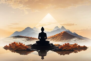 Serene silhouette meditating on tranquil autumn mountain mountains