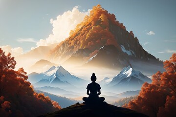 Serene silhouette meditating on tranquil autumn mountain peak
