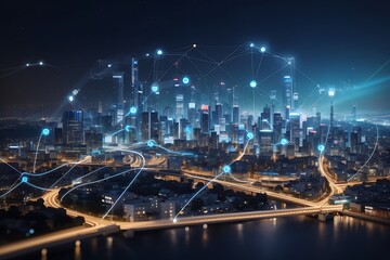 Smart city with wireless network connection and cityscape street river