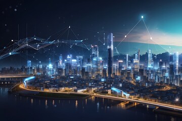 Smart city with wireless network connection and cityscape street dusk