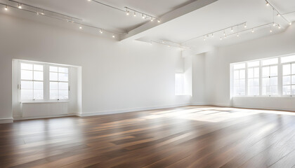 Obraz premium A large, empty room with a wooden floor, white walls, and large windows that let in bright natural light.