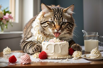The bad cat licked all the cream off the cake kitty - obrazy, fototapety, plakaty