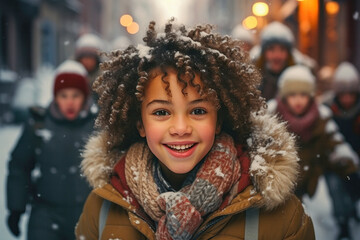 Portrait of a cute smiling beautiful child outdoors in winter time