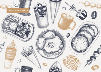 Street food and drink background. Christmas market menu design -  pastries, sweets, grilled meat, raclette, hot drinks sketches. Hand-drawn vector illustration. Fast food seamless pattern