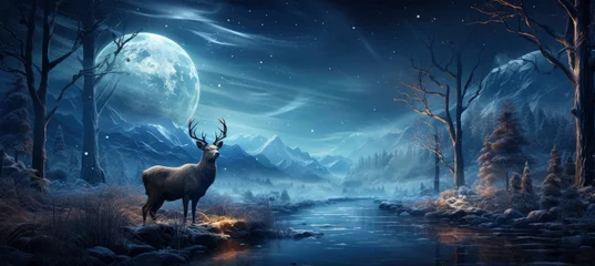 Poster Christmas winter landscape with snow drifts, mountain village, deer, forest, pines, reindeer. Holiday nature background with fox, hills, houses. © Juan