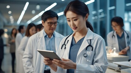 Doctor Asian female using digital tablet for medical planning and data research at hospital.