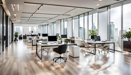 Fototapeta na wymiar A large, bright and open glass office with a luxurious, modern, simple and contemporary design.