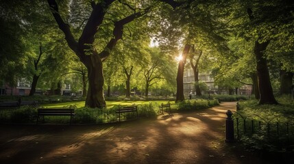 Naklejka premium Tranquil Pathways through Nature: Exploring the Beauty of Sunlit Forests, Colorful Alleys, and Serene Countryside, generative AI