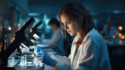 Portrait of female scientist working with microscope in the laboratory.