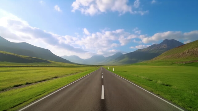 Empty long mountain road to the horizon on a sunny summer day at a bright sunset. Generative AI