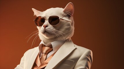 A stylish cat in a white suit and sunglasses, created by Generative Ai technology.