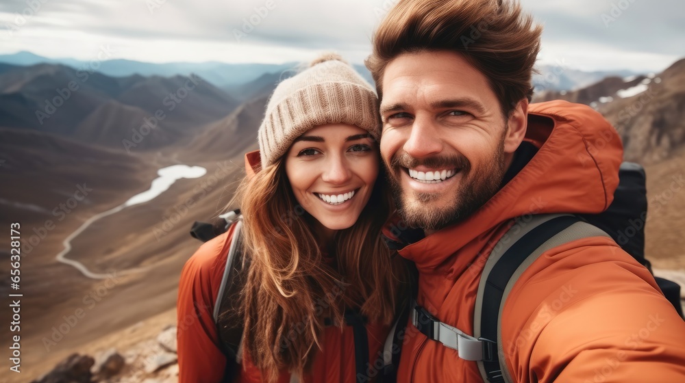 Poster Happy Traveling Couple Capturing a Selfie on Mountain Memories.