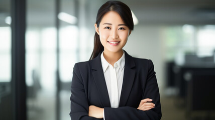 Portrait of young asian smiling businesswoman in office looking at camera with arms crossed.


