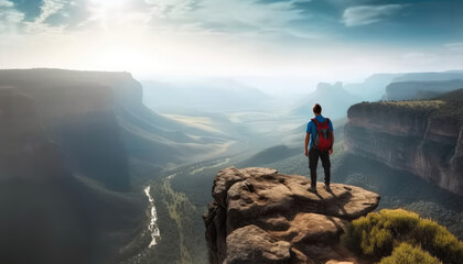 Mountaineer hikes up to rocky summit at sunrise. - obrazy, fototapety, plakaty