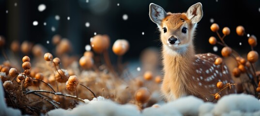 Christmas winter landscape with snow drifts, mountain village, deer, forest, pines, reindeer. Holiday nature background with fox, hills, houses.