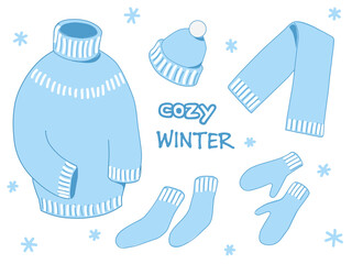 Set of warm winter clothes. Light winter illustration in cartoon style.