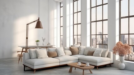Luxury spacious living room with a comfortable white couch.