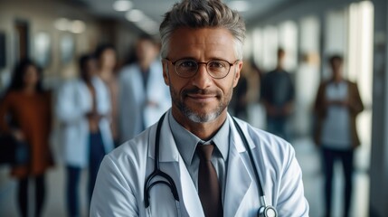 Male doctor smiling and standing in a hospital corridor with a diverse group of staff in the background.