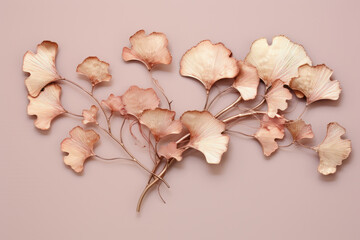 Golden branch of Ginkgo Biloba on a pastel pink background. Concept of nature, medicinal plants and alternative medicine.