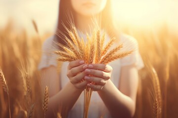 Girl hands hold wheat. Summer harvest. Generate Ai - Powered by Adobe