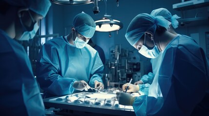 Team of surgeons performing surgery in modern operating room.