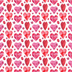 Watercolor seamless pattern with stylized crystal hearts in red and pink colors