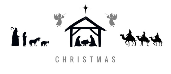 Christmas set of icons Jesus in manger, Mary, Joseph, angels, wisemen, shepherds and Bethlehem star. Vector nativity illustration