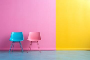 Abstract post-minimalist composition in pastel pink, blue and yellow. Two retro chairs.