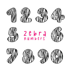 Adorable zebra pattern numbers from 0 to 9 for kids. This educational and playful set features cute animal digits in vibrant colors, perfect for preschool, kindergarten, and creative projects. © Natsicha