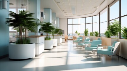 Bright reception and waiting room in a clinic.