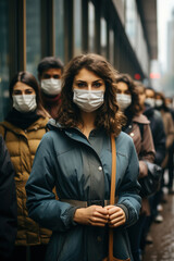 Photo of people wearing face masks on a busy city street. People waiting in front of the hospital. - obrazy, fototapety, plakaty
