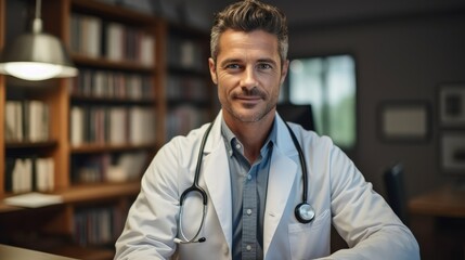 Portrait of smiling male doctor at desk in medical office.