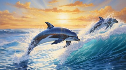 Obraz premium Two dolphins leap joyfully from turquoise ocean waves against a golden sunrise, perfect for marine advertising.
