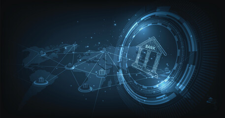 Fototapeta premium Online banking technology concept. Isometric illustration of the bank on a dark blue background. Digital connect system. Financial technology concept.Vector illustration.EPS 10. 