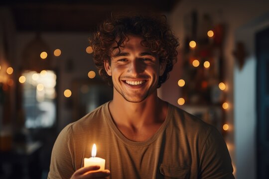 Happy of young man indoors at home at Christmas, holding candle. Generative AI