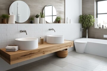 Modern bathroom with white accessories. Generative AI