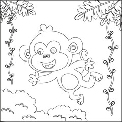 The monkey jumps on branches and vines. Cheerful monkey. Animals in the jungle. Joyful monkey. Coloring book or page