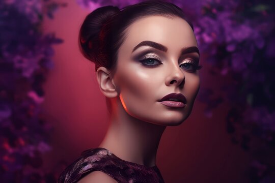 Model makeup purple. Beauty face. Generate Ai