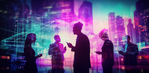 group of people silhouette holding and networking on mobile phones on a urban buildings commercial scenery, connection threads blue neon colors - obrazy, fototapety, plakaty