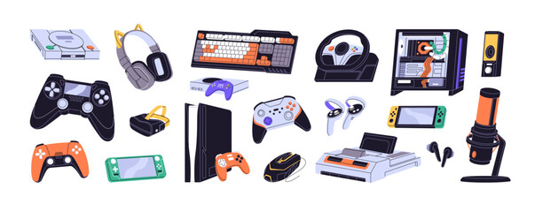 Videogame devices set. Remote control gadget: controller, joystick. Game console, computer, gamepad, headphone, vr. Gamer accessory, cybersport player toys. Flat isolated vector illustration on white © Paper Trident