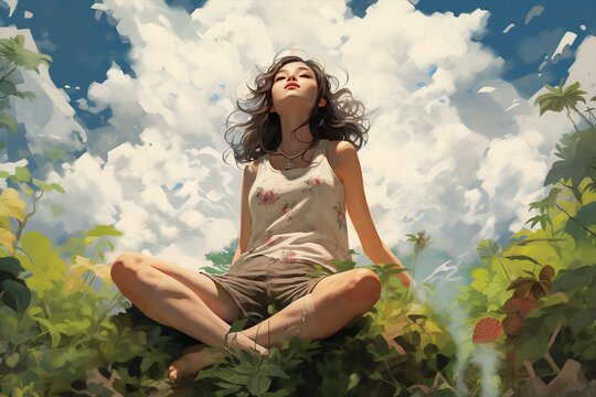 nature landscape scene illustration of a girl  meditating or enjoying the silence of thenature around her