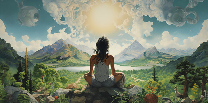 nature landscape scene illustration of a girl  meditating or enjoying the silence of thenature around her