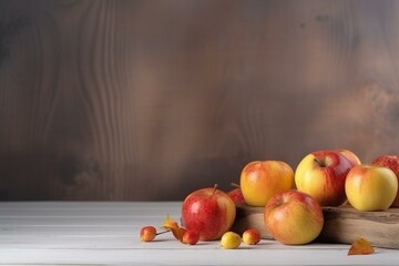 Wooden plank with ripe apples on pale backdrop. Generative AI