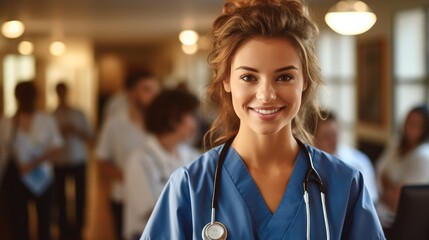 Portrait of a proud female dental hygienist student in college, smiling confidently as she represents her future occupation. - obrazy, fototapety, plakaty