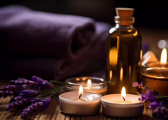 Obraz na płótnie Canvas Spa ingredients with lavender flowers and candles with wooden background. Showcase for the presentation of natural spa and wellness products. 