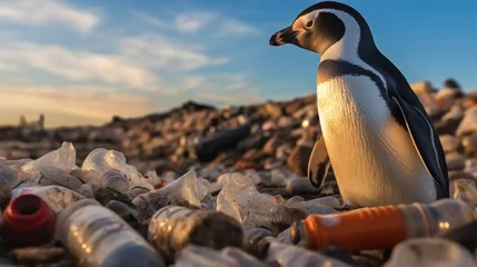 Tuinposter The penguin is standing on the shore with Marine plastic and polluted household garbage, Environmental disaster in sea. © visoot
