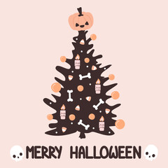 Cute hand drawn lettering merry halloween vector illustration with tree with spooky elements