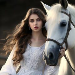 Obraz premium A woman of model appearance in a white dress stands near a horse in a field