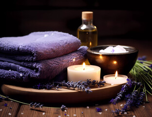 Fototapeta na wymiar Spa ingredients with lavender flowers and candles with wooden background. Showcase for the presentation of natural spa and wellness products. 